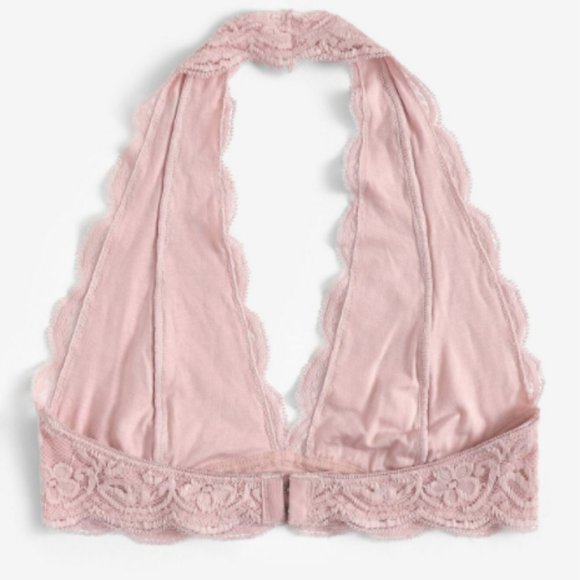 Pastel Pink Floral Lace Halter Bralette Bra - Picture 3 of 5